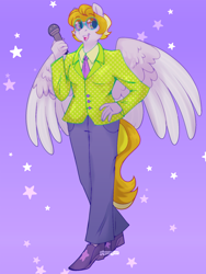 Size: 1200x1599 | Tagged: safe, artist:pigeorgien, oc, oc only, oc:star trails, pegasus, anthro, adorable face, adorkable, anthro oc, beautiful, clothes, colored wings, cute, dork, female, glasses, hand on hip, mare, microphone, multicolored wings, necktie, pants, shirt, shoes, solo, starry background, suit, winged anthro, wings