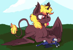 Size: 6043x4160 | Tagged: safe, artist:paskanaakka, oc, oc only, oc:duty crew (uni), alicorn, bat pony, hybrid, pony, sphinx, bat pony oc, duo, giant pony, giant sphinx, macro, paws, pinned, size difference, sphinx oc, the weak should fear the strong, tongue out