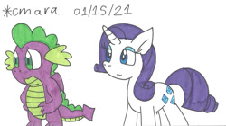 Size: 1280x715 | Tagged: safe, artist:cmara, rarity, spike, dragon, pony, unicorn, g4, eyeshadow, female, makeup, male, mare, ship:sparity, shipping, simple background, straight, traditional art, white background, winged spike, wings