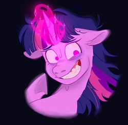 Size: 1920x1876 | Tagged: safe, artist:jopajopovna1, twilight sparkle, pony, g4, bloodshot eyes, bust, floppy ears, glowing eyes, glowing horn, horn, reaction image, smiling, solo, twilight snapple, twilighting