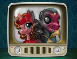 Size: 1800x1381 | Tagged: safe, artist:harwick, android, pony, robot, unicorn, female, male, mare, marvel, ponified, stallion, television, vision (marvel), wanda maximoff, wandavision