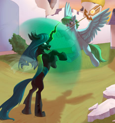 Size: 1280x1372 | Tagged: safe, artist:tigra0118, queen chrysalis, oc, changeling, changeling queen, pegasus, pony, g4, canterlot, commission, digital art, female, fight, magic, rearing