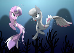 Size: 2898x2070 | Tagged: safe, artist:omnisimon11, diamond tiara, silver spoon, earth pony, pony, seapony (g4), blue eyes, bubble, coral, crepuscular rays, crown, dorsal fin, duo, duo female, female, filly, flowing tail, glasses, grin, high res, jewelry, looking at each other, mare, open mouth, open smile, purple eyes, regalia, seaponified, smiling, species swap, swimming, tail, teeth, underwater, water