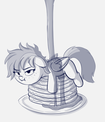 Size: 1408x1638 | Tagged: safe, artist:heretichesh, oc, oc only, oc:maple, pegasus, pony, :i, covered in syrup, female, filly, food, freckles, giant food, grumpy, i'm pancake, maple syrup, pancakes, plate, ponies in food, solo, upset