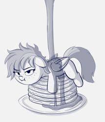 Size: 1408x1638 | Tagged: safe, artist:heretichesh, oc, oc only, oc:maple, pegasus, pony, :i, female, filly, food, freckles, giant food, grumpy, i'm pancake, maple syrup, pancakes, plate, ponies in food, solo, upset