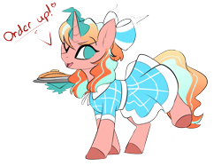 Size: 1334x999 | Tagged: safe, artist:beardie, oc, oc only, oc:peach tea, pony, unicorn, clothes, dress, female, food, magic, mare, pancakes, solo