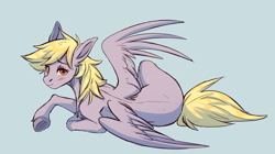 Size: 3060x1712 | Tagged: safe, artist:1an1, derpy hooves, pegasus, pony, blushing, chest fluff, female, looking at you, lying down, mare, on side, simple background, solo, underhoof