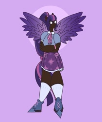 Size: 1080x1285 | Tagged: safe, artist:staramuletart, twilight sparkle, human, g4, clothes, crossed arms, dark skin, female, glasses, humanized, purple background, shoes, simple background, skirt, socks, solo, winged humanization, wings