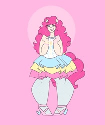 Size: 1080x1285 | Tagged: safe, artist:staramuletart, pinkie pie, human, g4, clothes, eared humanization, female, high heels, humanized, pink background, shoes, simple background, skirt, solo