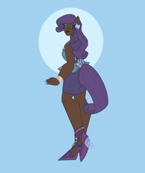 Size: 1080x1285 | Tagged: safe, artist:staramuletart, rarity, human, g4, blue background, bracelet, clothes, dark skin, eared humanization, eyelashes, female, high heels, humanized, jewelry, looking back, rarity peplum dress, shoes, simple background, skirt, solo