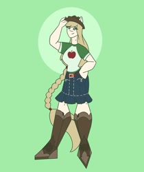Size: 1080x1285 | Tagged: safe, artist:staramuletart, applejack, human, g4, boots, braid, clothes, eared humanization, female, green background, hand on hip, hat, humanized, shoes, simple background, skrt, solo