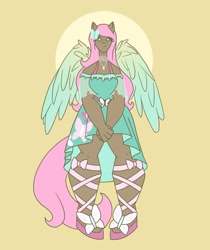 Size: 1080x1285 | Tagged: safe, artist:staramuletart, fluttershy, human, g4, clothes, dark skin, dress, female, humanized, simple background, solo, winged humanization, wings, yellow background