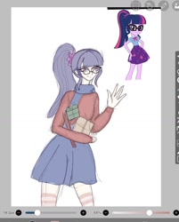 Size: 1080x1346 | Tagged: safe, artist:_idiot.with.the.painted.face, sci-twi, twilight sparkle, human, equestria girls, g4, clothes, female, glasses, hand on hip, humanized, ponytail, scarf, screencap reference, skirt, socks, solo, striped socks, thigh highs, thigh socks, waving