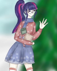 Size: 1080x1350 | Tagged: safe, alternate version, artist:_idiot.with.the.painted.face, sci-twi, twilight sparkle, equestria girls, g4, clothes, female, glasses, humanized, outdoors, ponytail, scarf, skirt, smiling, socks, solo, striped socks, thigh highs, thigh socks, waving