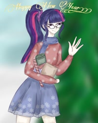 Size: 1080x1350 | Tagged: safe, alternate version, artist:_idiot.with.the.painted.face, sci-twi, twilight sparkle, equestria girls, g4, clothes, female, glasses, happy new year 2021, humanized, outdoors, scarf, skirt, smiling, socks, solo, striped socks, tree, waving