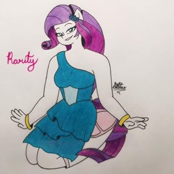 Size: 1080x1077 | Tagged: safe, artist:a_l1ttl3_b0y, rarity, equestria girls, g4, bracelet, clothes, dress, female, grin, jewelry, kneeling, ponied up, signature, smiling, solo, traditional art