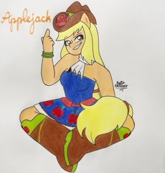 Size: 1080x1128 | Tagged: safe, artist:a_l1ttl3_b0y, applejack, equestria girls, g4, boots, clothes, crossed legs, female, grin, ponied up, shoes, signature, skirt, smiling, solo, traditional art