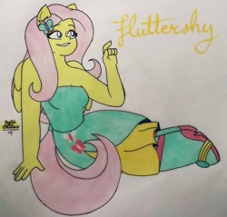 Size: 1080x1031 | Tagged: safe, artist:a_l1ttl3_b0y, fluttershy, equestria girls, g4, boots, clothes, dress, female, grin, hairclip, ponied up, shoes, signature, sitting, smiling, solo, traditional art, wings