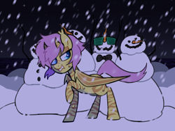 Size: 1500x1130 | Tagged: safe, artist:renhorse, oc, oc only, oc:stripe fright, bat pony, pony, female, mare, shutter shades, snowman, solo, sunglasses