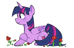 Size: 1403x925 | Tagged: safe, artist:littiaye, twilight sparkle, alicorn, pony, g4, female, flower, lying down, mare, profile, prone, simple background, solo, twilight sparkle (alicorn), white background