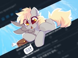 Size: 2000x1500 | Tagged: safe, artist:mirtash, derpy hooves, pegasus, pony, g4, cheek fluff, chest fluff, colored pupils, cute, derpabetes, ear fluff, eye clipping through hair, female, i just don't know what went wrong, mail, mare, meta, open mouth, pictogram, silly, silly pony, smiling, solo, speech bubble, spread wings, twitter, underhoof, wings