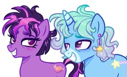 Size: 1080x658 | Tagged: safe, artist:frisk.mlp, oc, oc only, earth pony, pony, unicorn, bust, duo, ear piercing, earth pony oc, eyelashes, female, grin, horn, magical lesbian spawn, mare, offspring, parent:starlight glimmer, parent:tempest shadow, parent:trixie, parent:twilight sparkle, parents:startrix, parents:tempestlight, piercing, simple background, smiling, story included, unicorn oc, white background