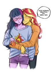 Size: 600x800 | Tagged: safe, artist:itzlazeii, sci-twi, sunset shimmer, twilight sparkle, equestria girls, g4, blushing, clothes, cutie mark, cutie mark accessory, cutie mark on clothes, female, glasses, hug, hug from behind, jeans, lesbian, loose hair, midriff, mug, oversized clothes, pants, ship:sci-twishimmer, ship:sunsetsparkle, shipping, shorts, sweater