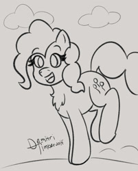 Size: 2900x3600 | Tagged: safe, artist:demitri, pinkie pie, earth pony, pony, g4, chest fluff, cloud, cute, diapinkes, female, happy, high res, hopping, mare, monochrome, pinkie being pinkie, signature, sketch, smiling, solo