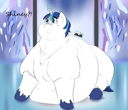 Size: 1724x1487 | Tagged: safe, artist:lupin quill, shining armor, pony, unicorn, belly, belly on floor, bhm, big belly, bingo wings, blushing, butt, chest fluff, chocolate, chubby cheeks, double chin, fat, fat fetish, fetish, flabby chest, food, implied princess cadance, large butt, levitation, magic, male, morbidly obese, obese, offscreen character, rolls of fat, scrunchy face, shining blubber, solo, telekinesis, unshorn fetlocks