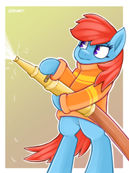 Size: 1500x2003 | Tagged: safe, artist:rivin177, oc, oc only, earth pony, pegasus, pony, bipedal, commission, fire, firefighter, hose, medibang paint, solo, standing, water