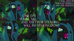 Size: 2000x1125 | Tagged: safe, edit, edited screencap, editor:quoterific, screencap, queen chrysalis, changeling, changeling queen, g4, the beginning of the end, angry, derp, female, open mouth, solo