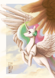 Size: 1002x1408 | Tagged: safe, artist:laps-sp, princess celestia, alicorn, pony, g4, curved horn, female, flying, horn, mare, solo