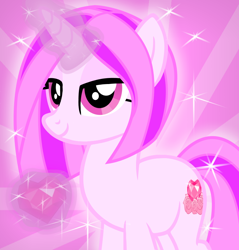 Size: 794x830 | Tagged: safe, artist:amgiwolf, oc, oc only, oc:pinky rose, pony, unicorn, eyelashes, female, glowing horn, horn, magic, mare, smiling, solo, sunburst background, telekinesis, unicorn oc