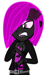 Size: 1099x1672 | Tagged: safe, artist:amgiwolf, oc, oc only, oc:pinky rose, equestria girls, g4, clothes, disgusted, ear piercing, equestria girls-ified, eyelashes, female, flower, flower in hair, jacket, lipstick, makeup, piercing, rose, simple background, solo, transparent background