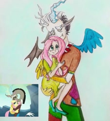 Size: 540x598 | Tagged: safe, artist:lunaart, edit, edited screencap, screencap, discord, fluttershy, human, g4, to where and back again, eared humanization, horn, horned humanization, hug, humanized, scene interpretation, screencap reference, winged humanization, wings