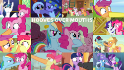Size: 1978x1113 | Tagged: safe, edit, edited screencap, editor:quoterific, screencap, apple bloom, applejack, fluttershy, loose tracks, pinkie pie, rarity, scootaloo, shining armor, spitfire, starlight glimmer, sweetie belle, trixie, twilight sparkle, earth pony, pegasus, pony, unicorn, call of the cutie, g4, it's about time, luna eclipsed, putting your hoof down, somepony to watch over me, sounds of silence, the one where pinkie pie knows, the washouts (episode), to where and back again, applejack's hat, clothes, cosplay, costume, cowboy hat, cutie mark crusaders, eyes closed, female, filly, future twilight, hat, hoof in mouth, male, nightmare night costume, open mouth, star swirl the bearded costume, trixie's hat, twilight the bearded, unicorn twilight
