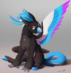 Size: 1235x1275 | Tagged: safe, artist:silfoe, oc, oc only, oc:turntable, hippogriff, beak, claws, commission, feather, grooming, hippogriff oc, jewelry, male, necklace, preening, signature, simple background, sitting, solo, spread wings, underhoof, wings