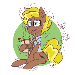 Size: 1200x1200 | Tagged: safe, artist:erynerikard, oc, oc only, oc:richter pie, earth pony, pony, broken glasses, clothes, coffee, digital art, female, glasses, necktie, nervous, shaking, shirt, solo