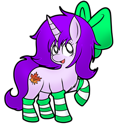 Size: 2325x2500 | Tagged: safe, artist:clarissa arts, oc, oc only, oc:mable syrup, pony, unicorn, blind, clothes, high res, kirby (series), leaf, purple hair, simple background, socks, solo, striped socks, stylized, transparent background