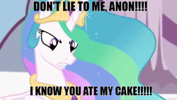 Size: 1280x720 | Tagged: safe, edit, edited screencap, screencap, princess celestia, g4, twilight's kingdom, accusation, angry, cake, cakelestia, caption, food, implied anon, implied cake, meme, text, that princess sure does love cake, this will end in a trip to the moon, this will not end well