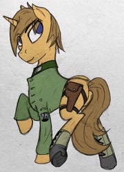 Size: 738x1023 | Tagged: safe, artist:biergarten13, oc, oc only, oc:sparkplug, pony, unicorn, fallout equestria, fallout equestria: ghosts of the past, boots, clothes, digital art, fallout, female, flank, holster, lifted leg, looking at you, mare, missing cutie mark, patch, shoes, solo, traditional art, uniform