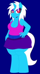 Size: 690x1280 | Tagged: safe, artist:avengedritsuko, oc, oc only, oc:mimeo melody, cyborg, hybrid, monster pony, anthro, unguligrade anthro, anthro oc, belly button, big breasts, blue background, breasts, clone, clothes, hand on hip, looking at you, midriff, mutation, red eyes, simple background, skirt, smiling, solo, tank top, thick, white hair, white tail, wide hips