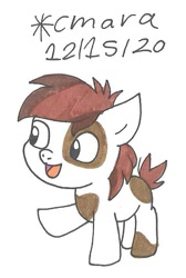 Size: 490x728 | Tagged: safe, artist:cmara, pipsqueak, earth pony, pony, g4, colt, male, markings, open mouth, raised hoof, simple background, solo, traditional art, white background