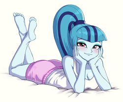 Size: 846x705 | Tagged: safe, artist:nairdags, sonata dusk, equestria girls, adorasexy, barefoot, bedroom eyes, blushing, breasts, busty sonata dusk, cleavage, clothes, crossed legs, cute, feet, lidded eyes, looking at you, lying down, ponytail, prone, sexy, shorts, simple background, sleeveless, smiling, soles, solo, sonatabetes, tanktop, the pose