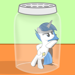 Size: 3000x3000 | Tagged: safe, artist:pizzamovies, oc, oc only, oc:clear sky, pony, unicorn, bipedal, bipedal leaning, female, high res, horn, jar, leaning, mare, meme, micro, ponies in jar, show accurate, simple background, this will end in tears, unamused, unicorn oc