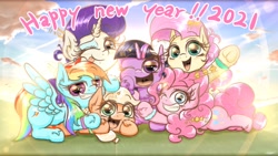 Size: 2100x1181 | Tagged: safe, alternate version, artist:phoenixrk49, applejack, fluttershy, pinkie pie, rainbow dash, rarity, twilight sparkle, earth pony, pegasus, pony, unicorn, g4, 2021, cloud, english, happy new year, happy new year 2021, holiday, mane six, new year, one eye closed, open mouth, sky