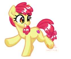 Size: 1200x1000 | Tagged: safe, artist:yaco, apple bloom, earth pony, pony, g4, adorabloom, cute, female, grin, mare, missing accessory, older, older apple bloom, raised hoof, raised leg, simple background, smiling, solo, white background
