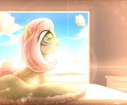 Size: 2048x1692 | Tagged: safe, artist:phoenixrk49, fluttershy, butterfly, pegasus, pony, g4, blanket, cloud, crepuscular rays, cute, eye clipping through hair, female, folded wings, indoors, lens flare, looking at each other, looking at someone, looking up, open mouth, profile, shyabetes, sitting, solo, sun, wings
