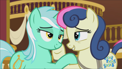 Size: 1667x939 | Tagged: safe, screencap, bon bon, lyra heartstrings, sweetie drops, earth pony, pony, unicorn, g4, season 5, slice of life (episode), cropped, duo, female, lidded eyes, looking at each other, mare, smiling