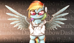 Size: 2000x1166 | Tagged: safe, artist:phoenixrk49, rainbow dash, pegasus, pony, g4, bipedal, clothes, damaged wings, glasses, grin, headphones, hoodie, smiling, solo